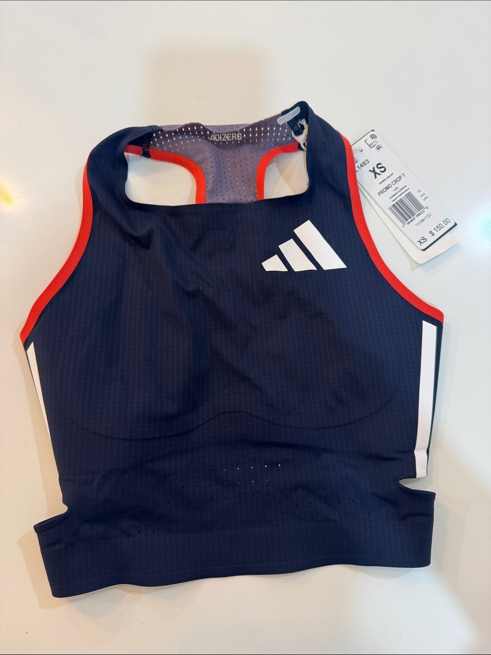 adidas Navy High-Neck Crop Swim Top with Red Trim